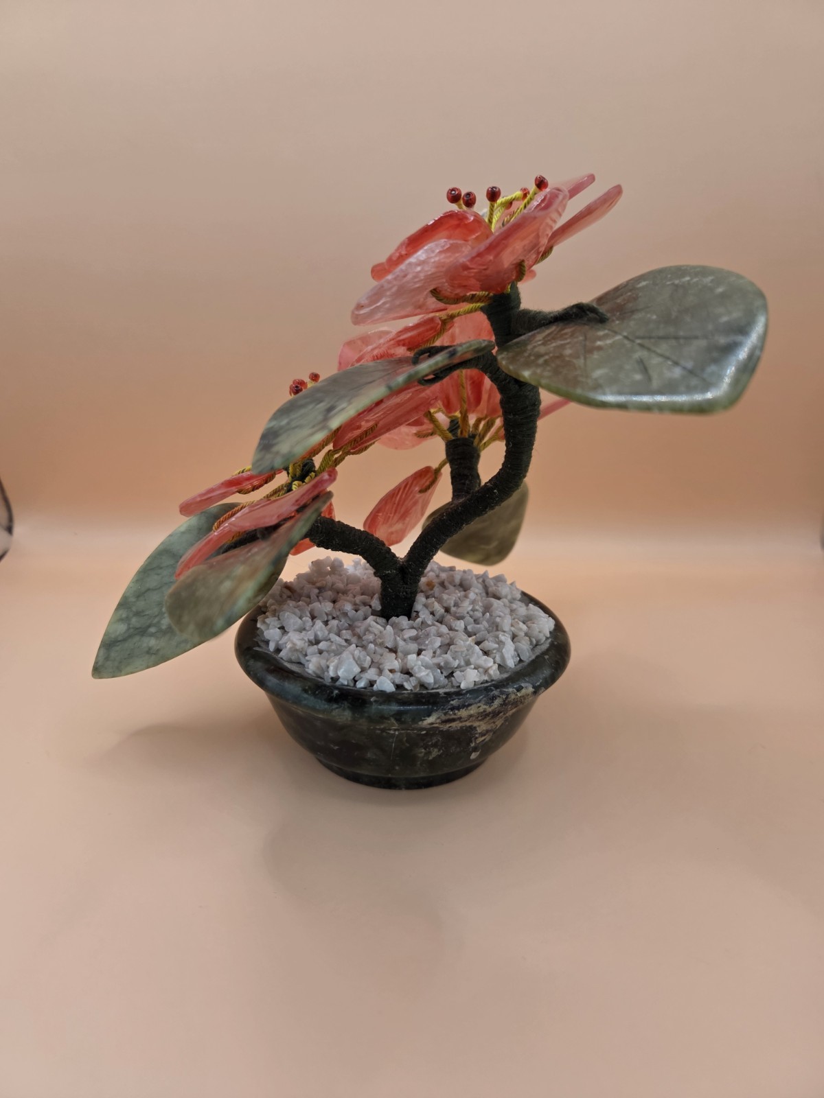 Vintage Oriental Asian Carved Jade Flower Bonsai Tree
