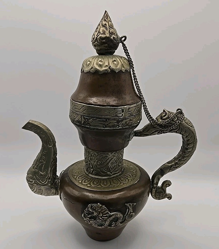 Antique Vintage Copper and Brass Carved Tibetan Teapot With Dragons EUC