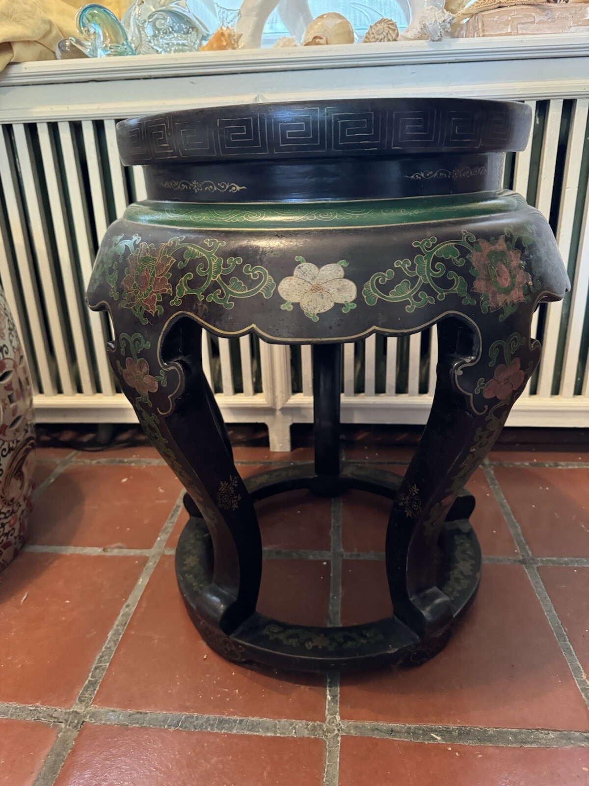 Antique Chinese Cloisonne Top Round Jardiniere Stand Two Fish Motif