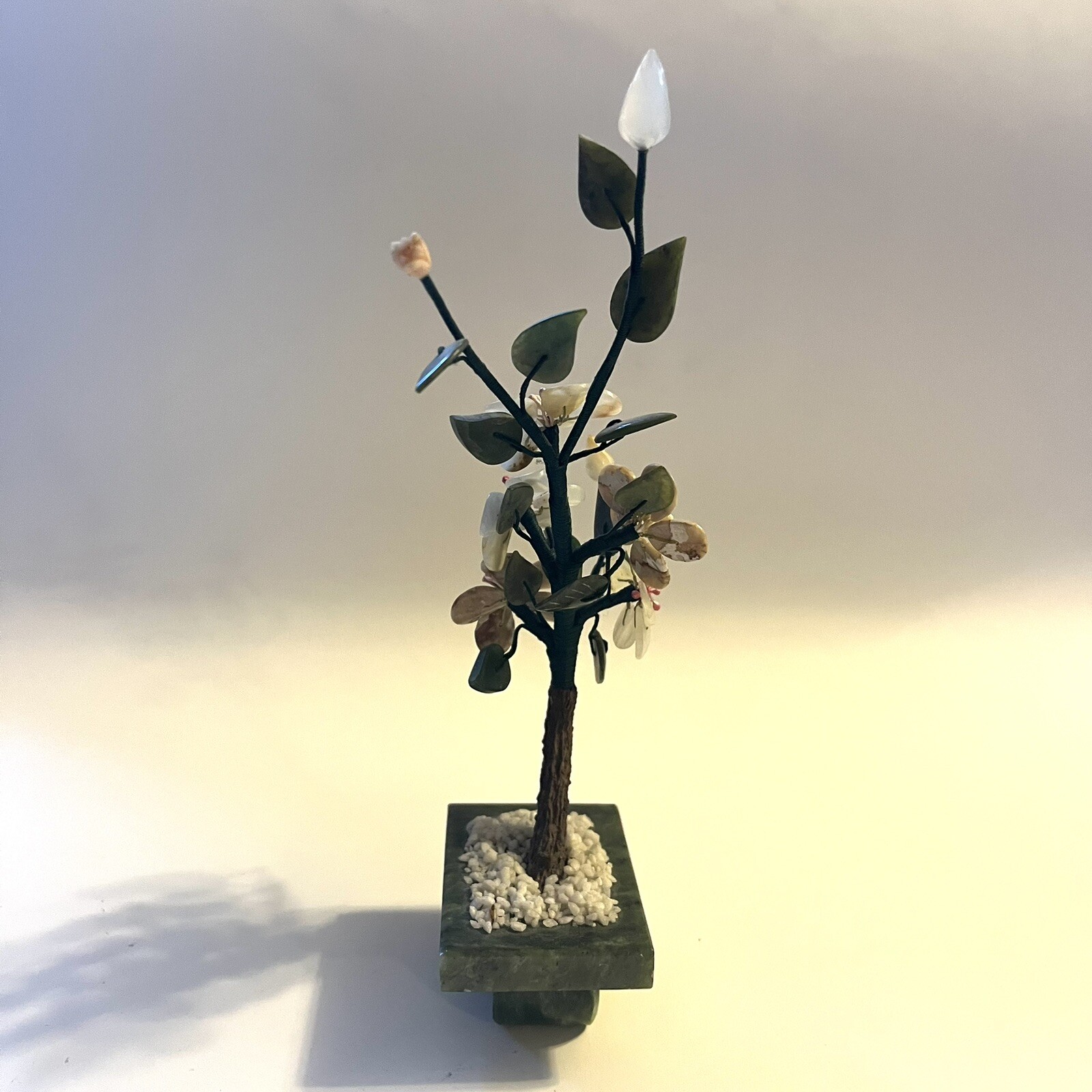Vtg Asian Flowering Blossom Tree Hand Carved Jade Agate Semi-Precious Stone 8″H