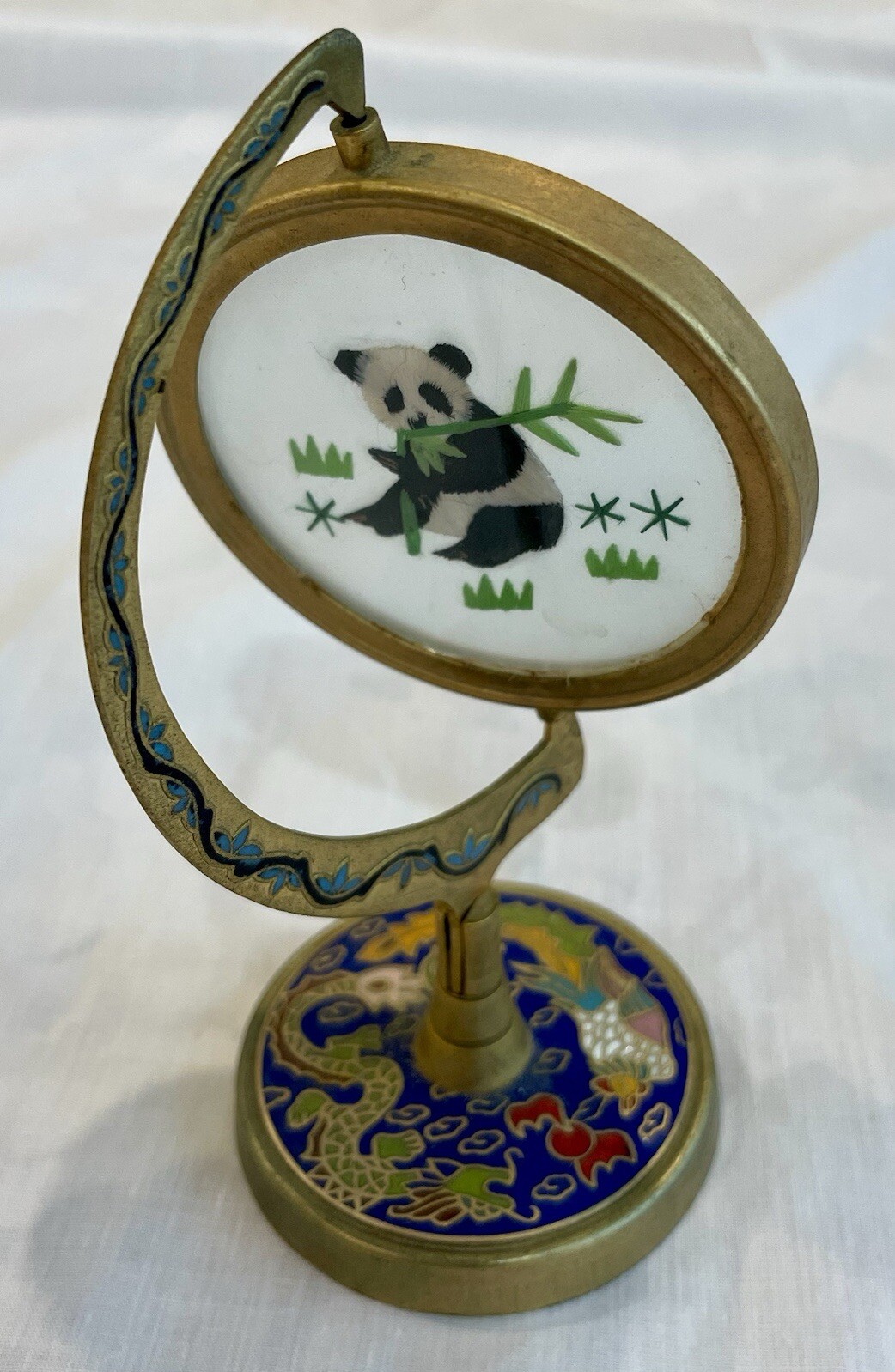 Vintage Suzhou Chinese Silk Embroidered Panda Cloisonné Enamel Metal Stand