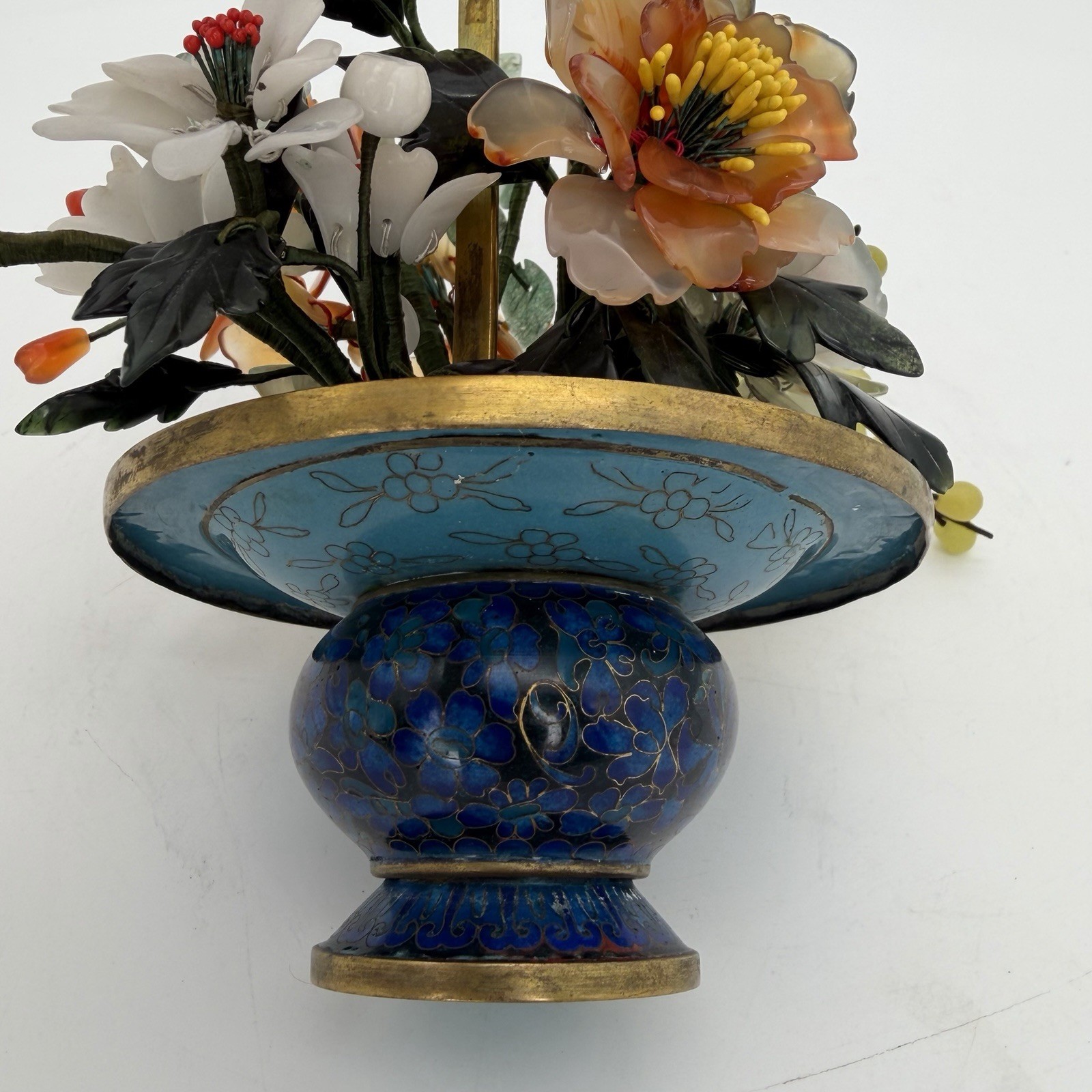 Vintage Jade Bonsai Tree Flowers Basket Cloisonné Pot 7.5” Brass Handle