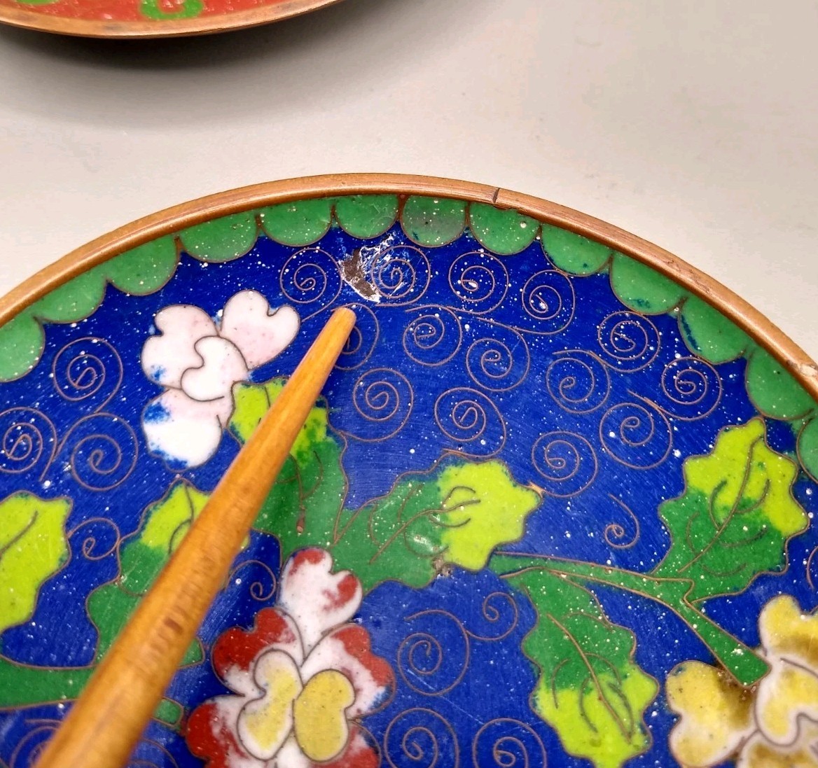 2 Vintage Chinese Cloisonné Enamel Dishes floral and landscape scene 3.75”