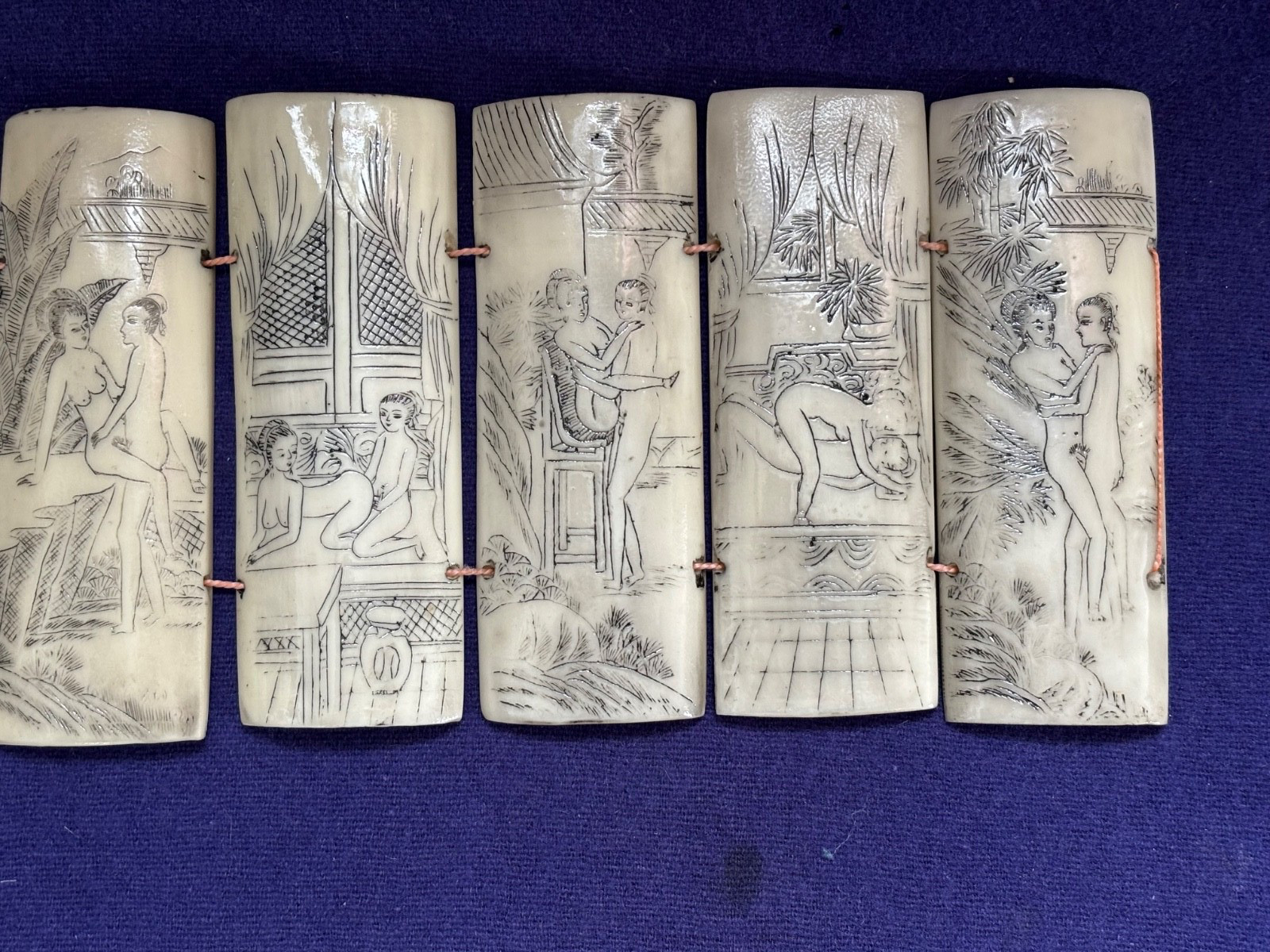10 ANTIQUE CHINESE SCRIMSHAW SHUNGA PANELS ETCHED EROTICA ON BONE PILLOW BOOK