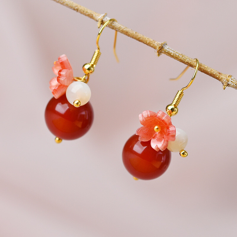 China Agate/Coloured Glaze Flower Tibetan Style Exquisite Earbob Earrings