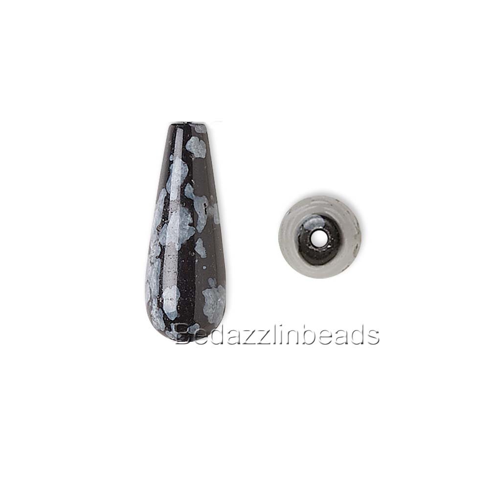 2 Black & Grey 16mm Long Teardrop Snowflake Obsidian Natural Gemstone Beads