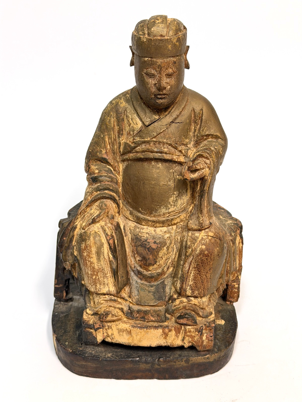 17/18C Chinese Gilt Wooden Folk Carving Seated Deity 8.5″ tall