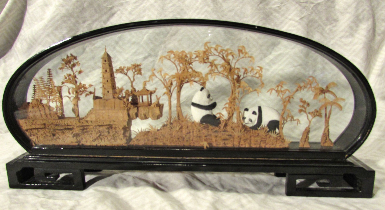 Vintage Chinese Panda Cork Diorama Arched Black Lacquered Shadow Box Case 1950s