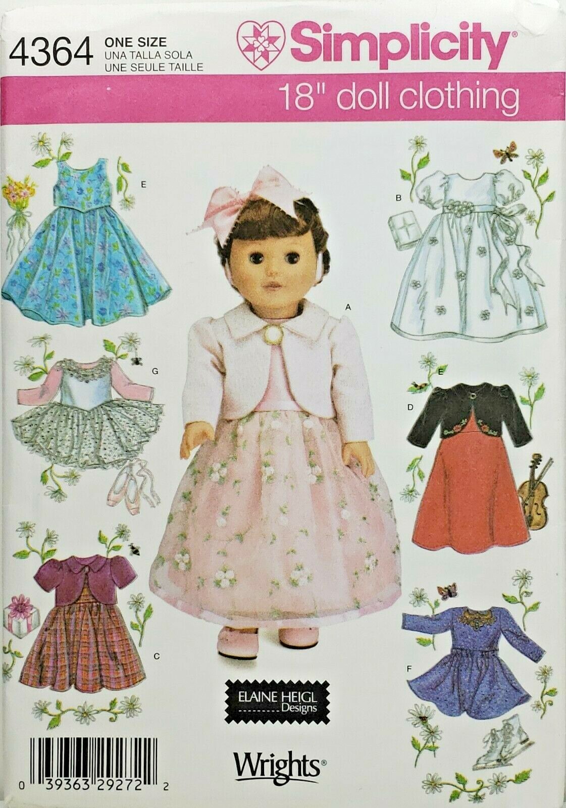 Simplicity 4364 First Communion, Figure Skater, Ballerina 18″ Doll Clothes UNCUT