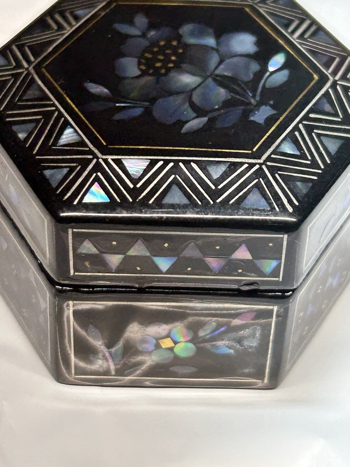 Vintage Hexagonal Mother of Pearl Inlay Lacquer Box Floral Geometric