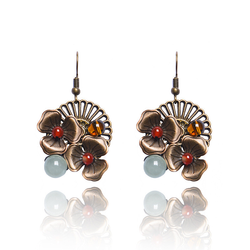 Chinese Agate/Dongling Jade Coloured Glaze Tibetan Style Vogue Earbob Earrings