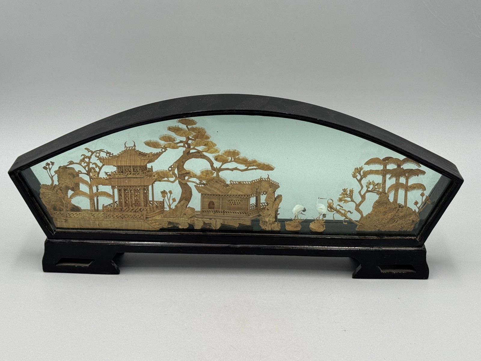 Vintage Chinese Fuzhou Cork Diorama Fan Shaped Black Lacquer Frame Pagoda 14”