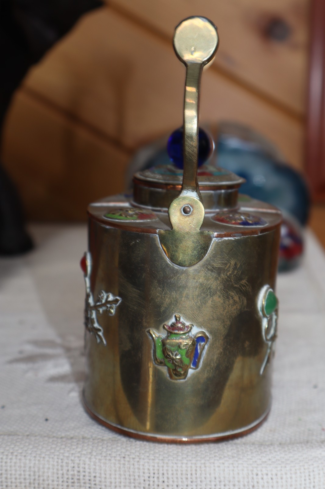 Brass Copper Ornate Tea Pot w/ Blue Glass Knob & Colored Stones – Marked China