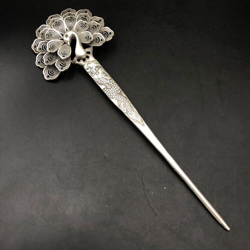 2PCS Antique style Old Chinese handcarved Peacock hair hairpin