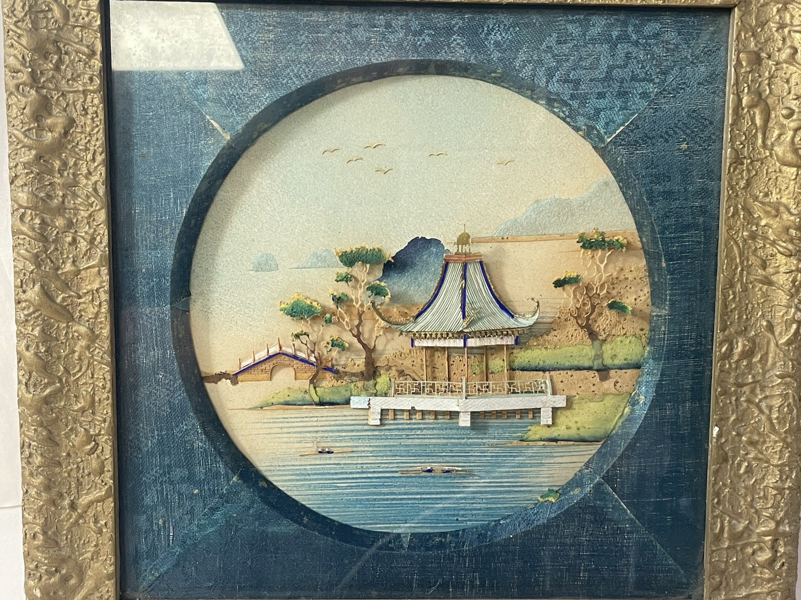 Vintage Chinese Cork Diorama Shadowbox Landscape Gold Frame 10×10” AS IS
