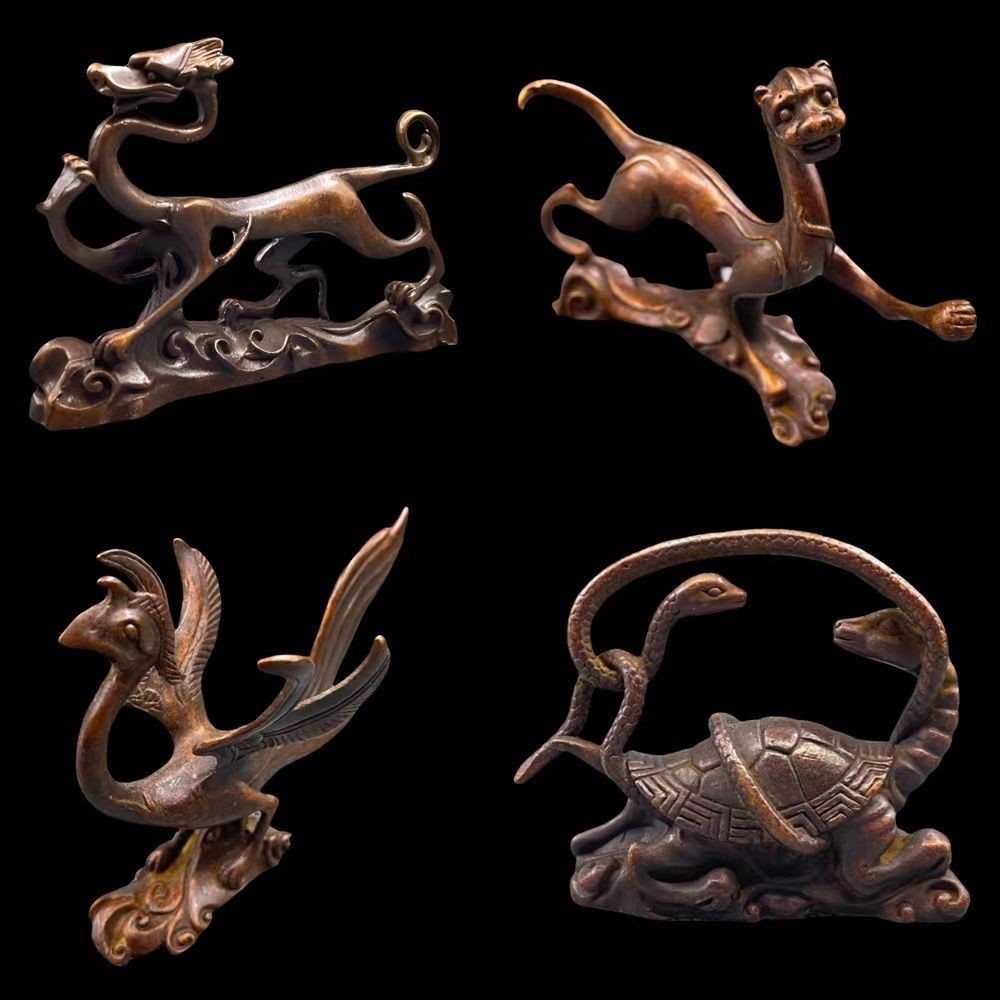4pcs Vintage Alloy Mythical Beast Statue Set 4pcs Fengshui Home Decor Figurine
