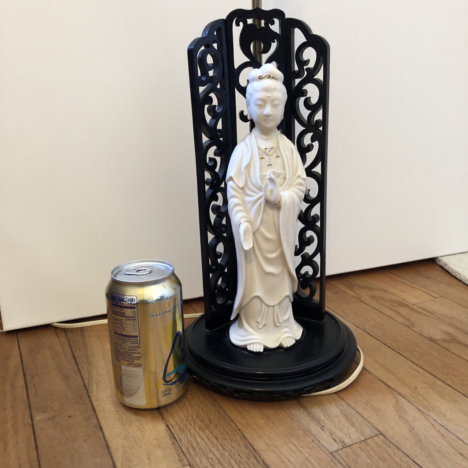 Blanc De Chine Buddha Figurine Lamp Green Shade Wooden Stand Vintage Asian Boho