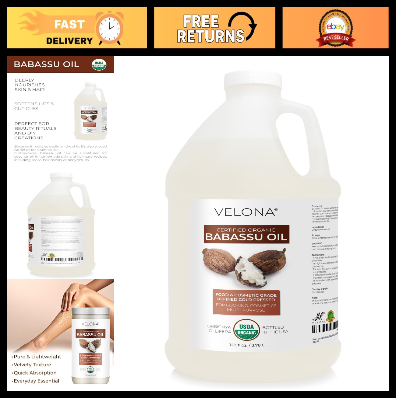 USDA Organic Babassu Oil 1 Gallon – 100% Pure Cold Pressed Carrier Oil for Skin,