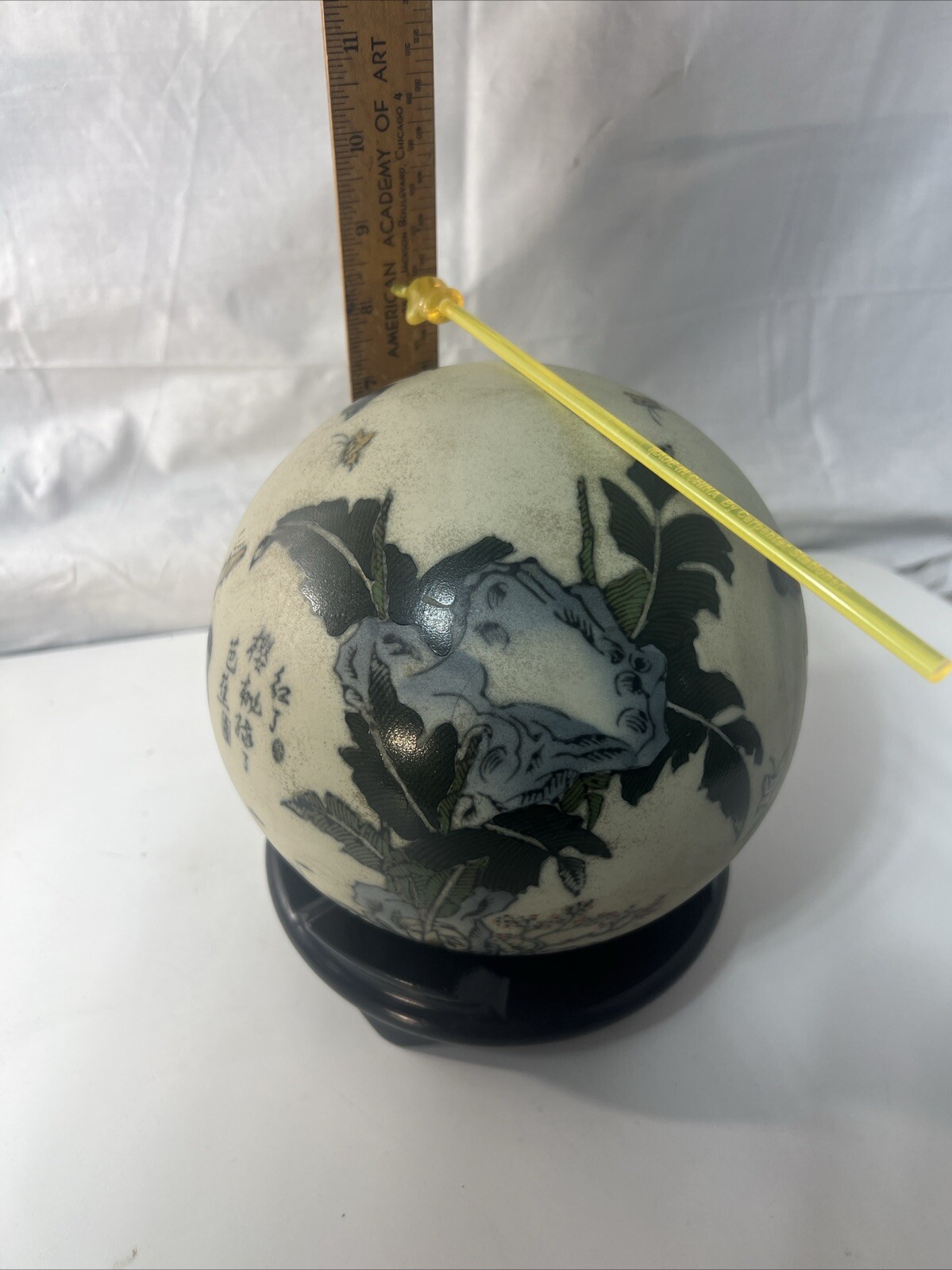 Large Asian Signed Painted Sphere ~ Ball on Display Stand