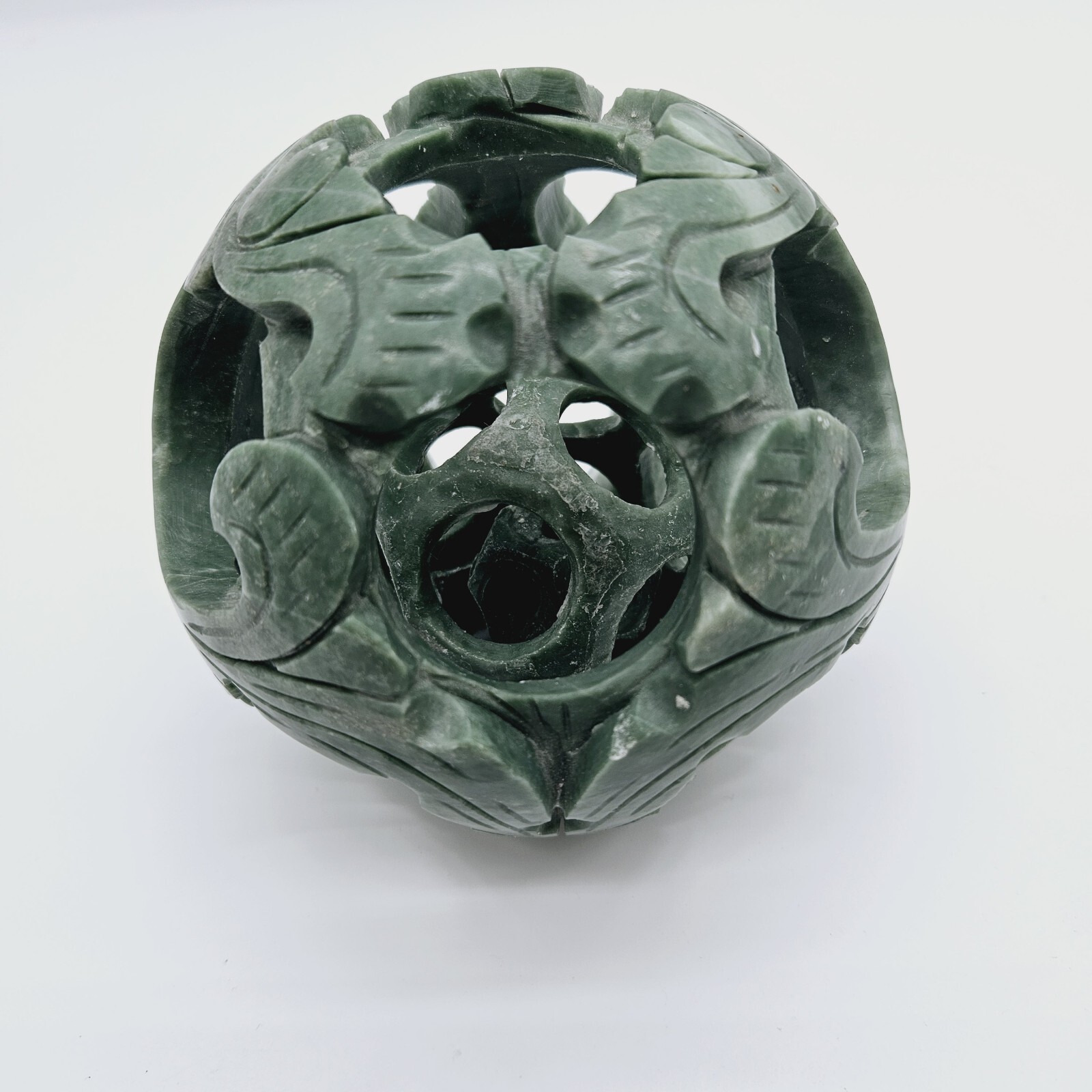 Vtg Chinese 3-Layer Hand Carved Green Stone Serpentine? Ball Sphere 4.5″ Floral