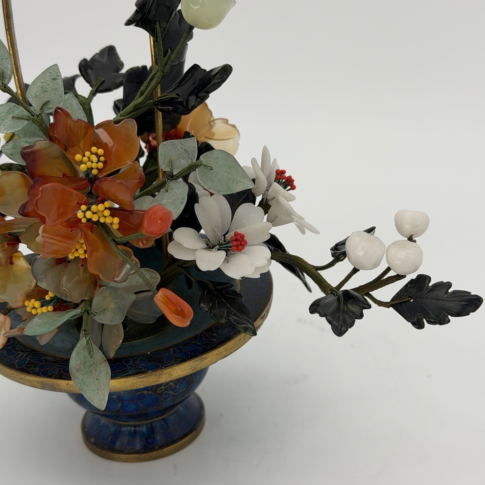 Vintage Jade Bonsai Tree Flowers Basket Cloisonné Pot 7.5” Brass Handle