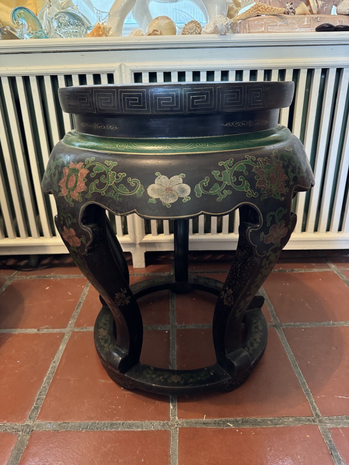 Antique Chinese Cloisonne Top Round Jardiniere Stand Two Fish Motif
