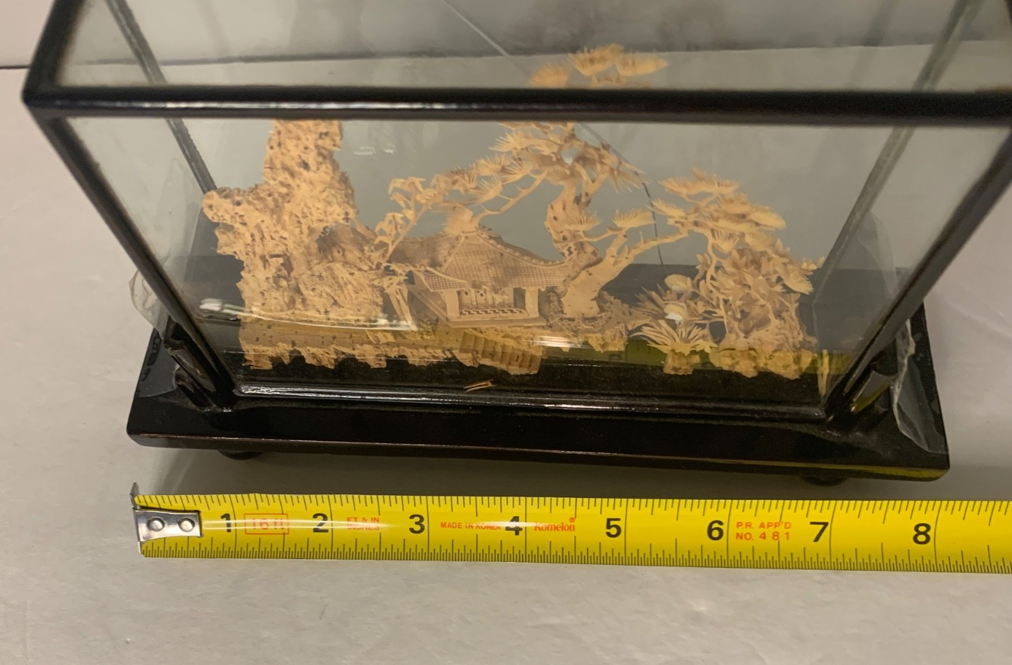 Vintage Asian Cork Diorama Art Pagoda Trees Hand Carved Glass Frame- See Details