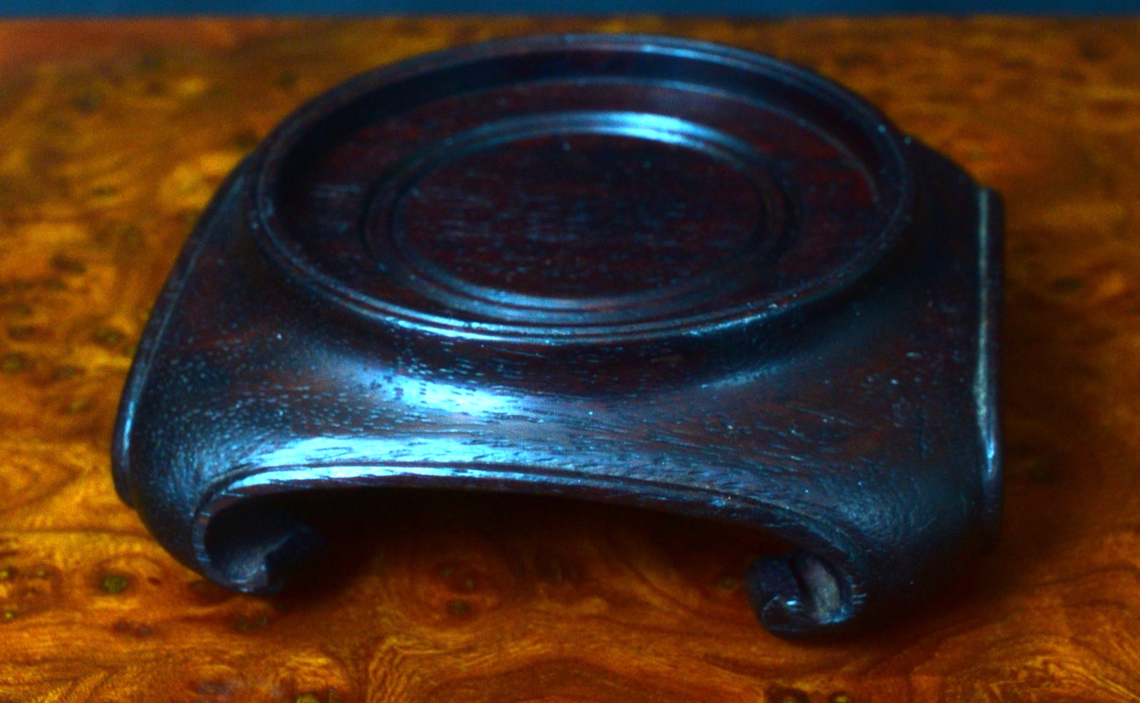 Vintage Chinese Round Brown Wood Stand w/Square Scroll base 2 1/2″ diam top S30