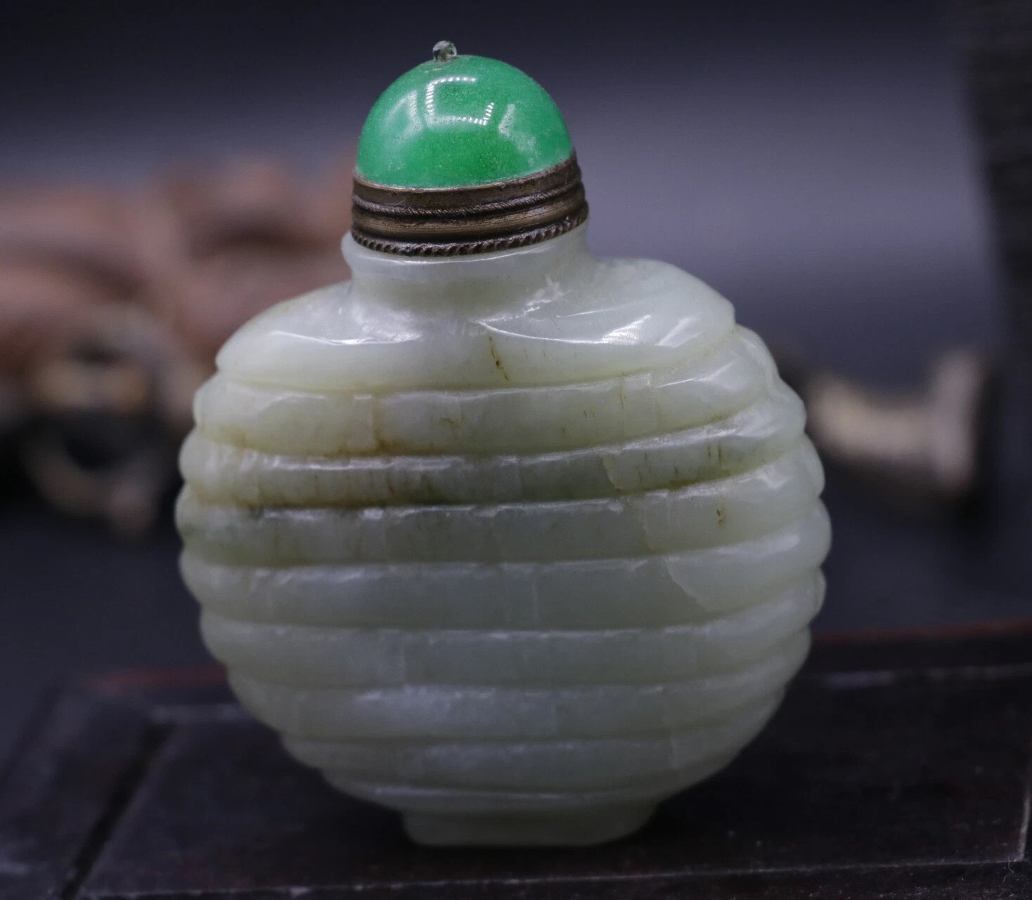 Chinese CULTURAL Old Hetian JADE Bamboo Vein Snuff Bottle Totem Amulet Carving