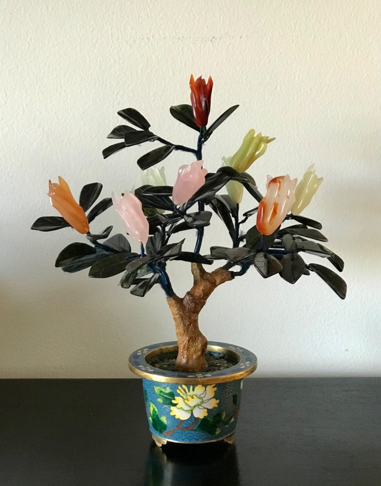Chinese Vintage Jade Buddha’s hand Tree in Cloisonne Pot 10.5″ Inches Tall