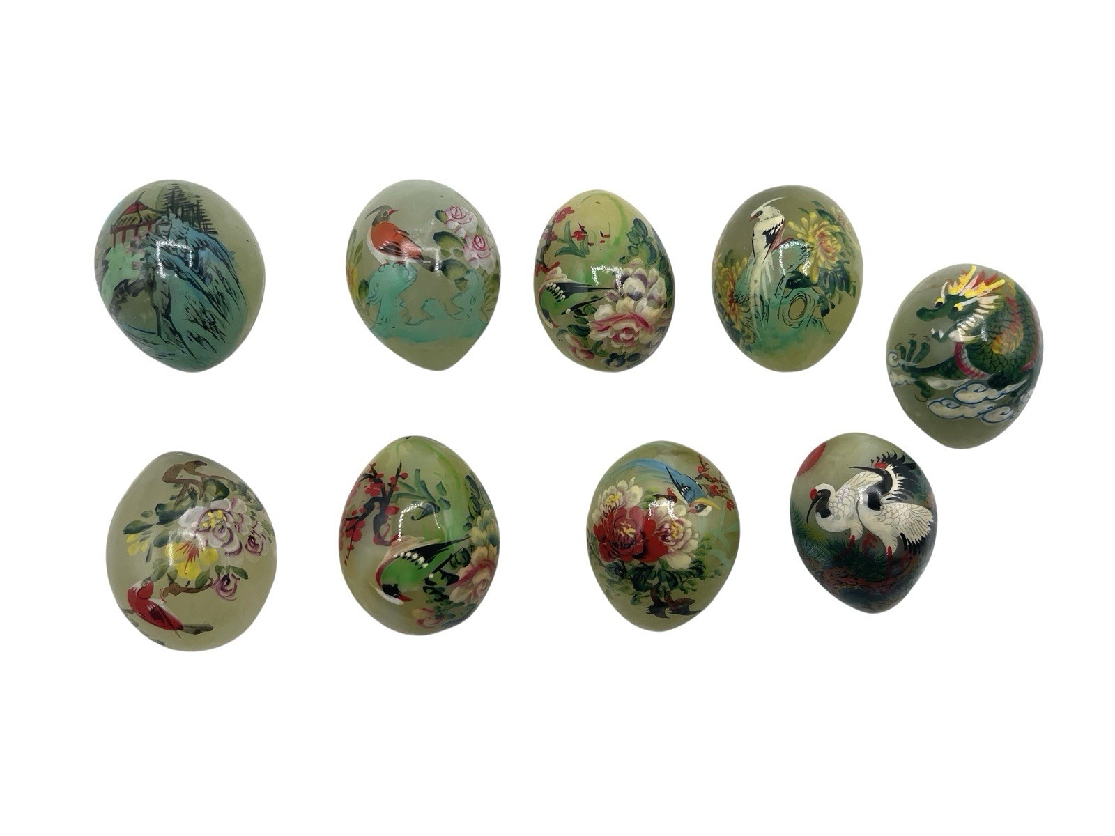 VTG Oriental Hand Painted Jade 1.5” Birds Dragon Flower Lot Of 9 Miniature Eggs