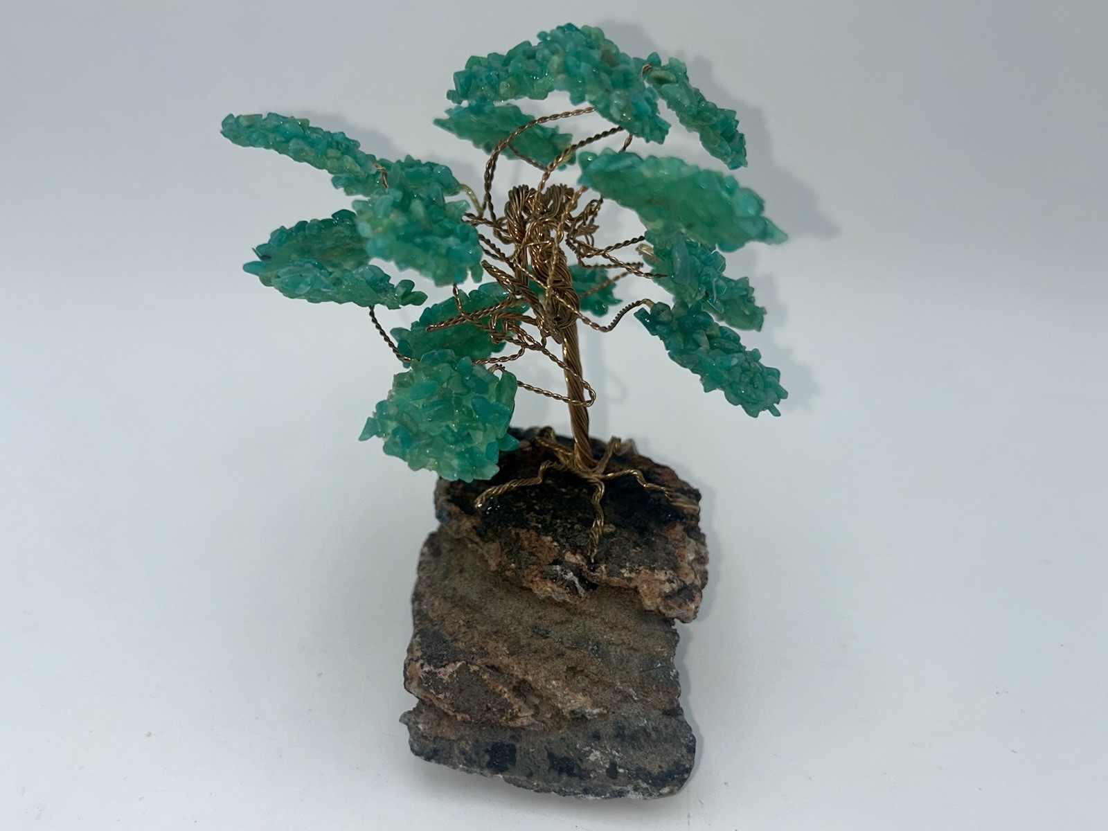 Vintage Crystal Bonsai Tree Sculpture Copper Wire on Natural Stone Base.