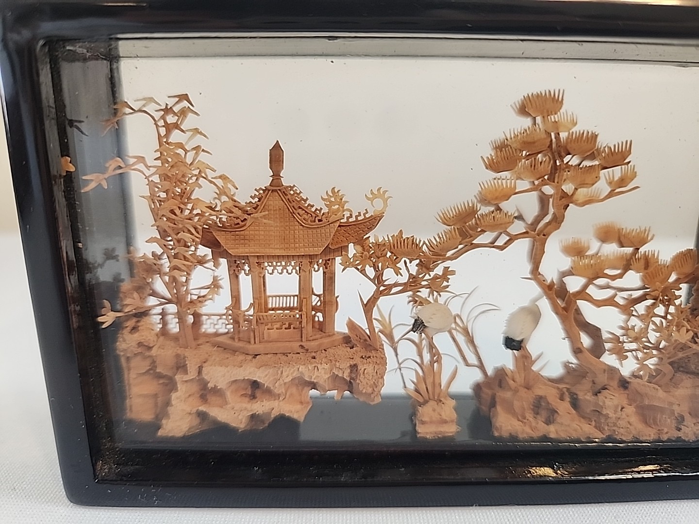 VTG Hand-Carved Chinese Cork & Wood Diorama Encased In Glass Pagoda Storks