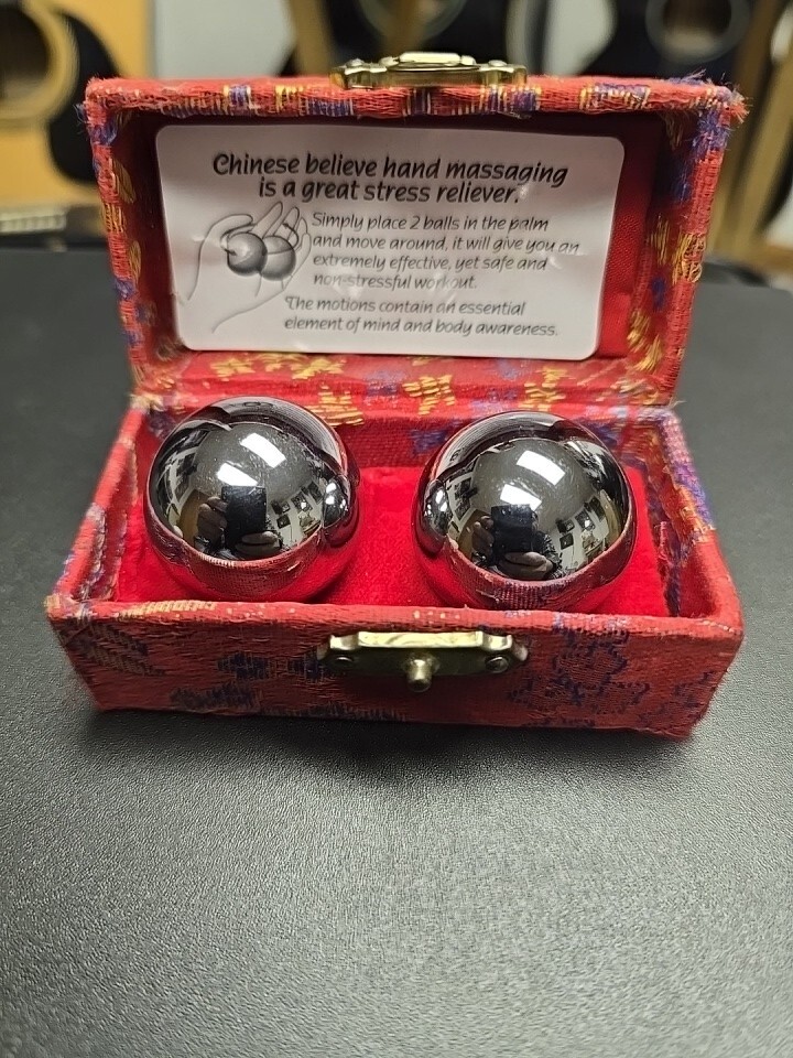 Vintage Chinese Shou Xing Iron Balls & Box Stress Relaxing Collectible