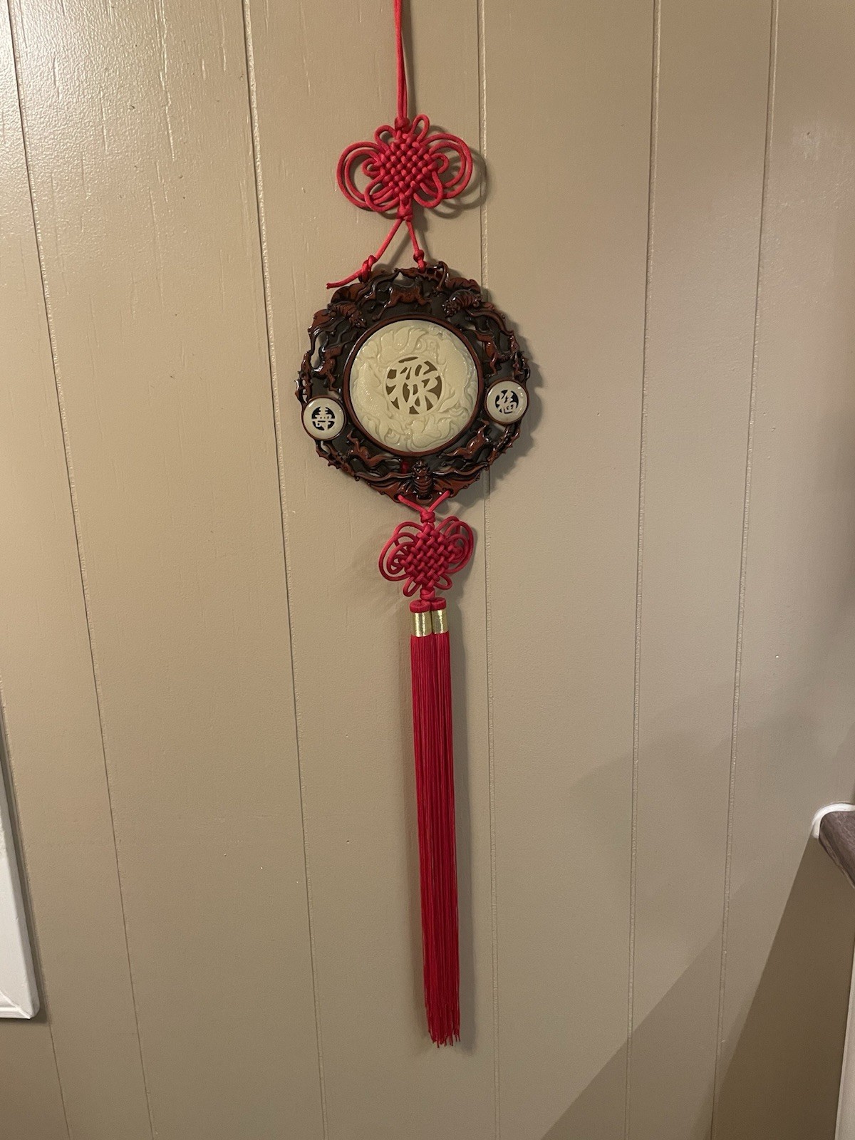 Vintage Chinese Red Knot Wood And Jade Wall Hanger w/long Tassel