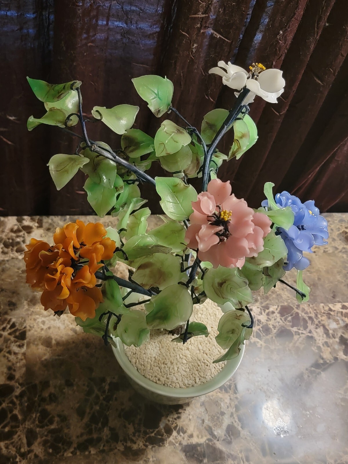 AMAZING CHINESE ANTIQUE JADE BONSAI TREE MULTI COLOR FLOWER BLOSSOMS VTG HEAVY
