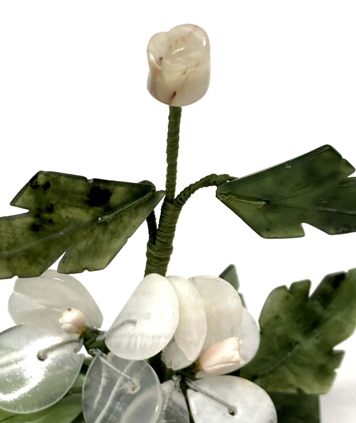 Chinese Jade and Agate Bonsai White Flower Arrangement in Green Jade Pot