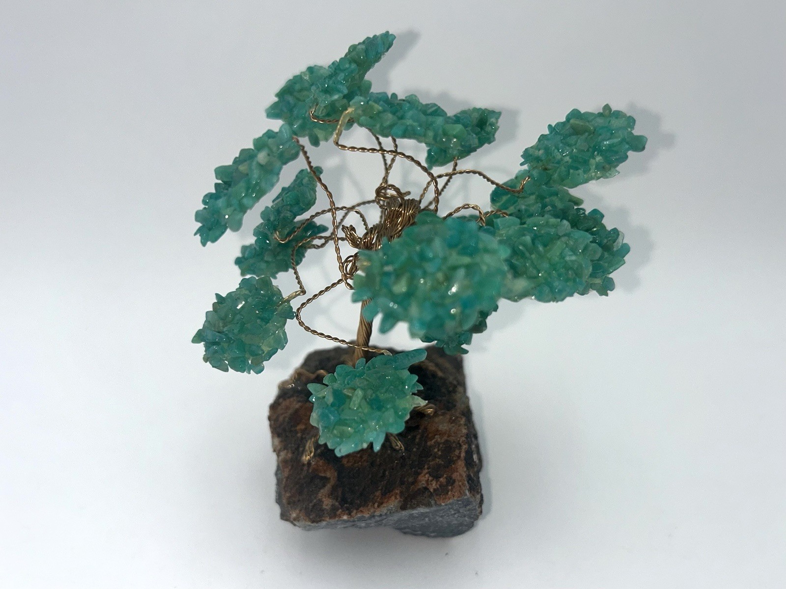 Vintage Crystal Bonsai Tree Sculpture Copper Wire on Natural Stone Base.