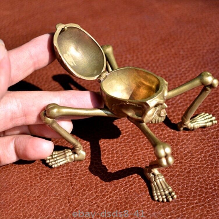 Brass Skull Head Statue 4 Legs Smoking Ashtray Lid Table Zen Home Decor