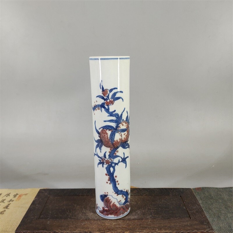 9.2″China Qing Blue White Porcelain Red Glaze Longevity Peach Bat Incense Tube