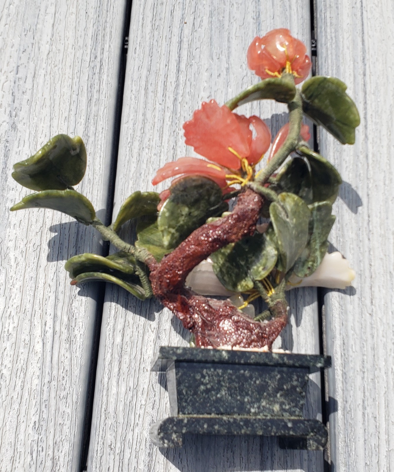 Vintage Stone Chinese Bonsai Tree (Jade Leaves, Pink Quartz Flowers, Jade Base)