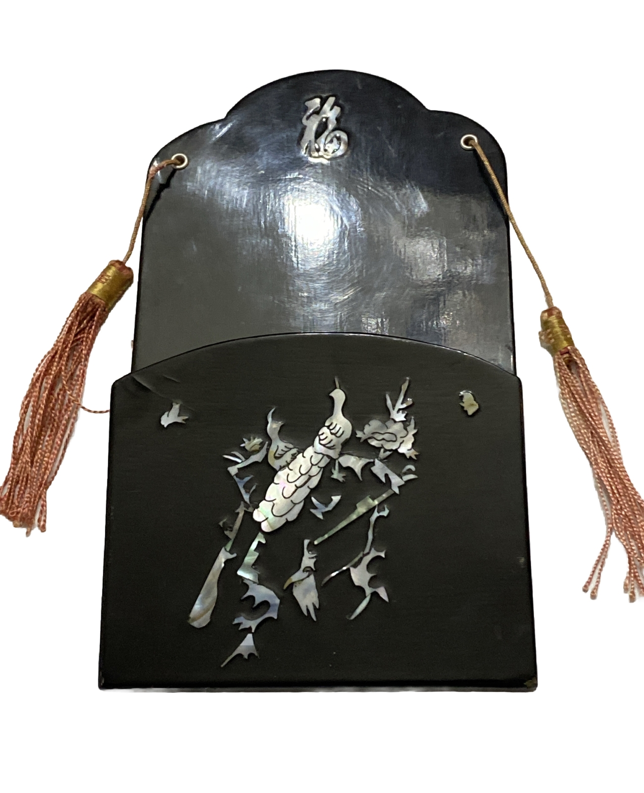 Vintage Mother Of Pearl Letter Holder Notes Oriental Style Black Wall Hanging