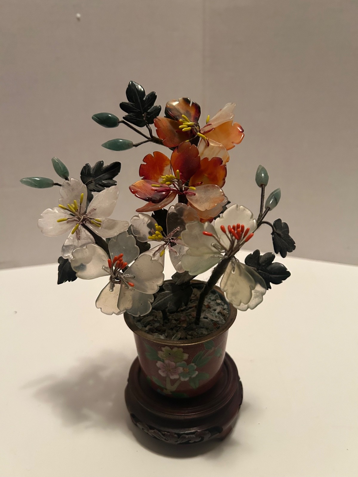 Vtg Chinese Jade Glass Leaves Multi-Color Flowers Bonsai Tree Green Celadon Mini