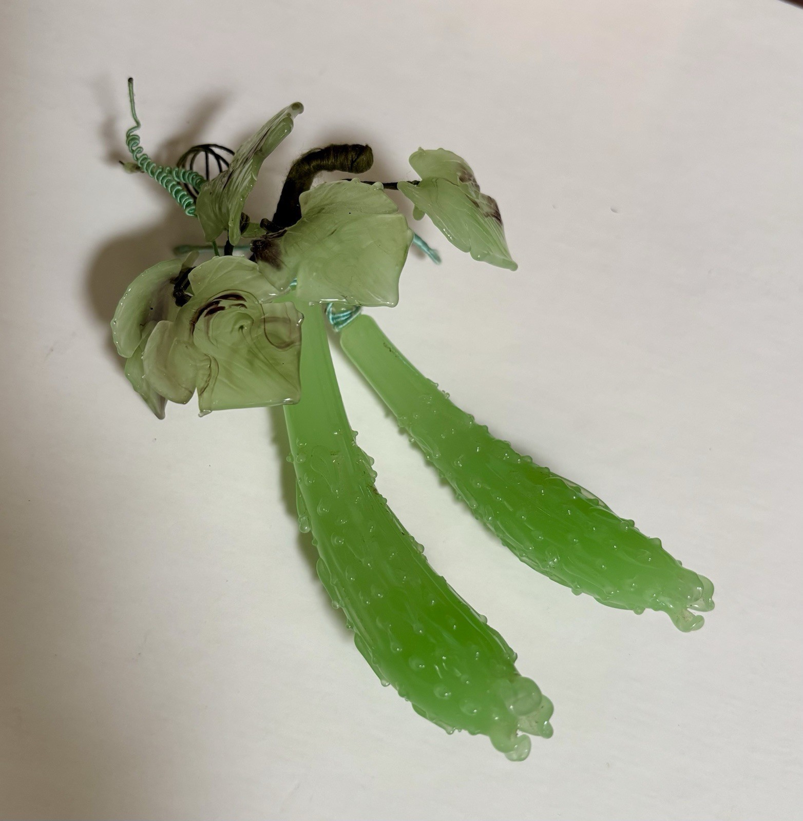 Vintage Chinese Jade Green Glass Pair of Cucumbers with 5 Jade Green Leaves