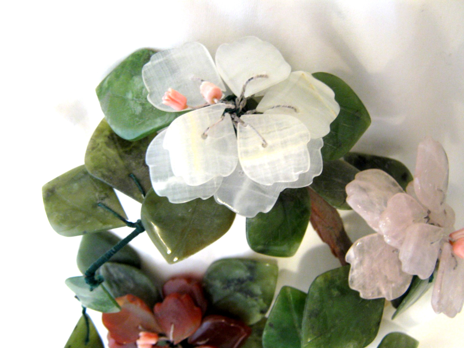 Chinese Jade Floral arrangement, Bonsai Tree, stone flowers & pot approx. 9″x6″