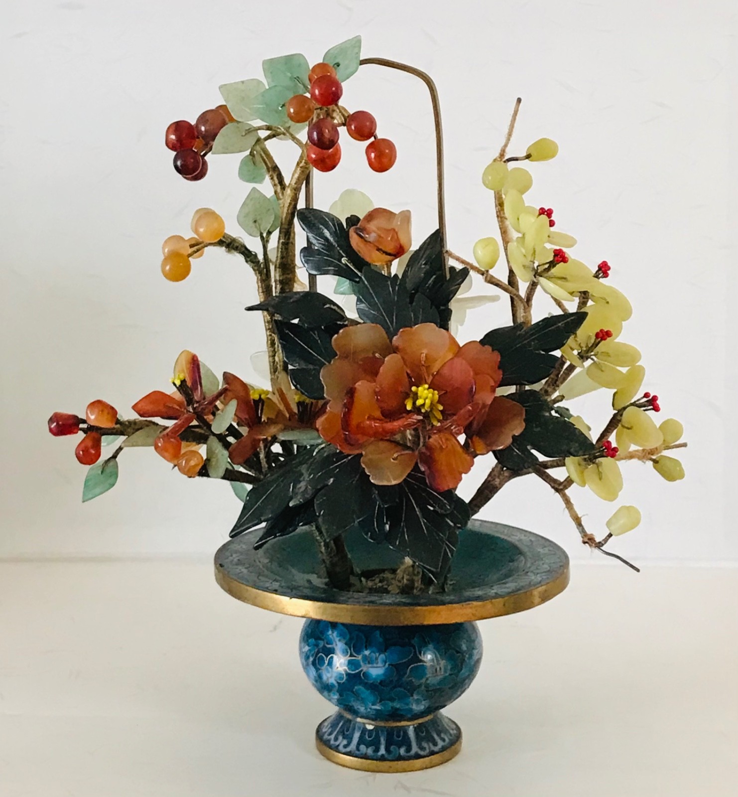 Chinese Cloisonne Jade Tree Flower Basket 8″ Inches Tall