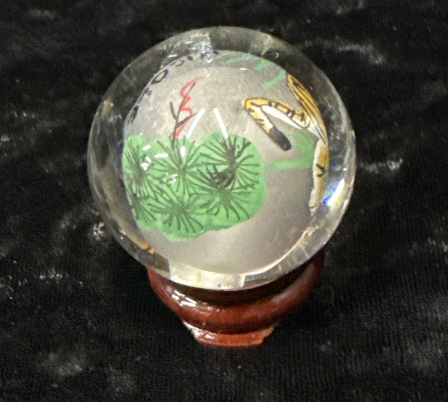 Chinese reverse painted Glass Ball Sphere Orb Tiger w/Stand 1 3/4″ x 1 1/2″