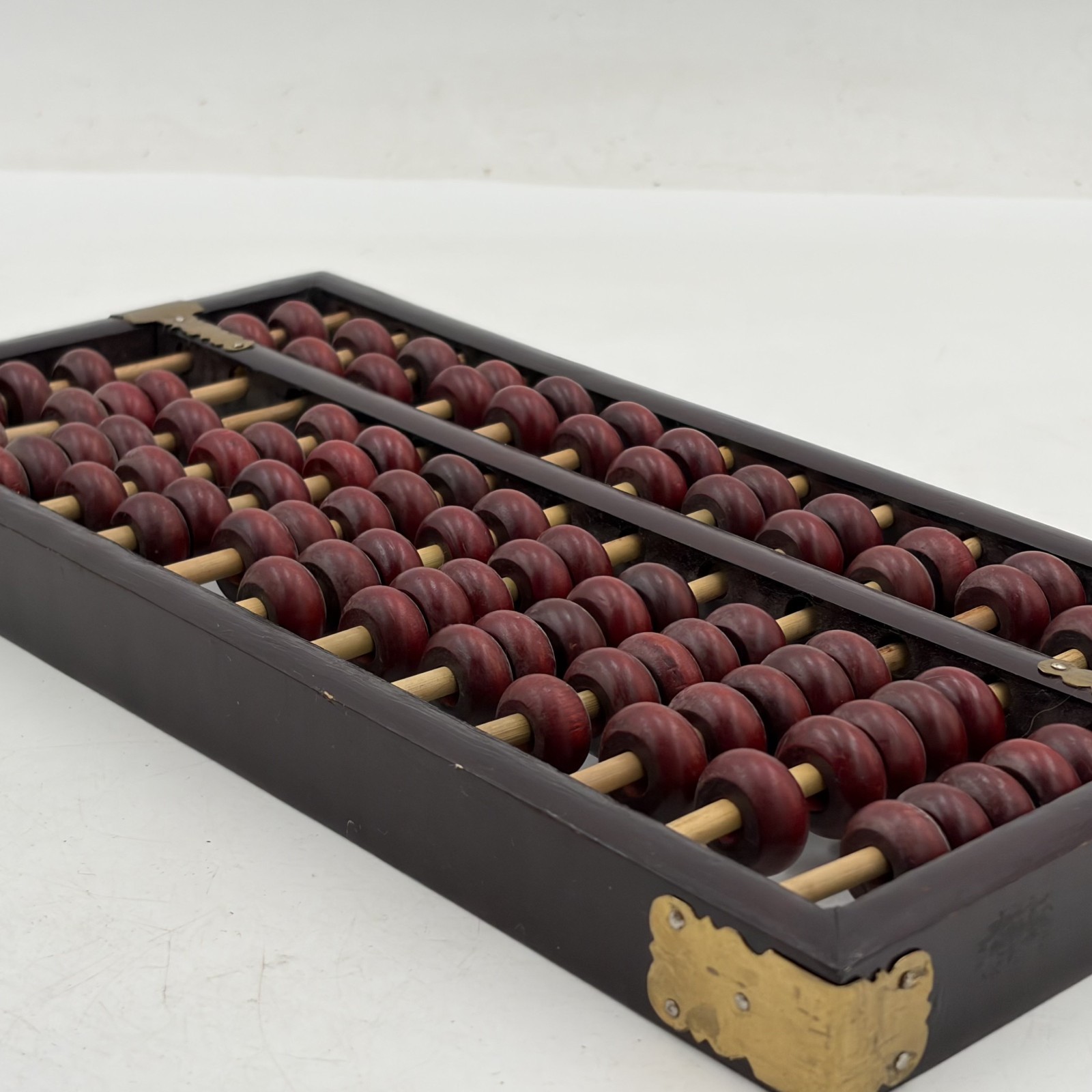 Vintage Chinese Abacus 13 Row 91 Bead Wood & Brass Lotus Flower Brand Calculator