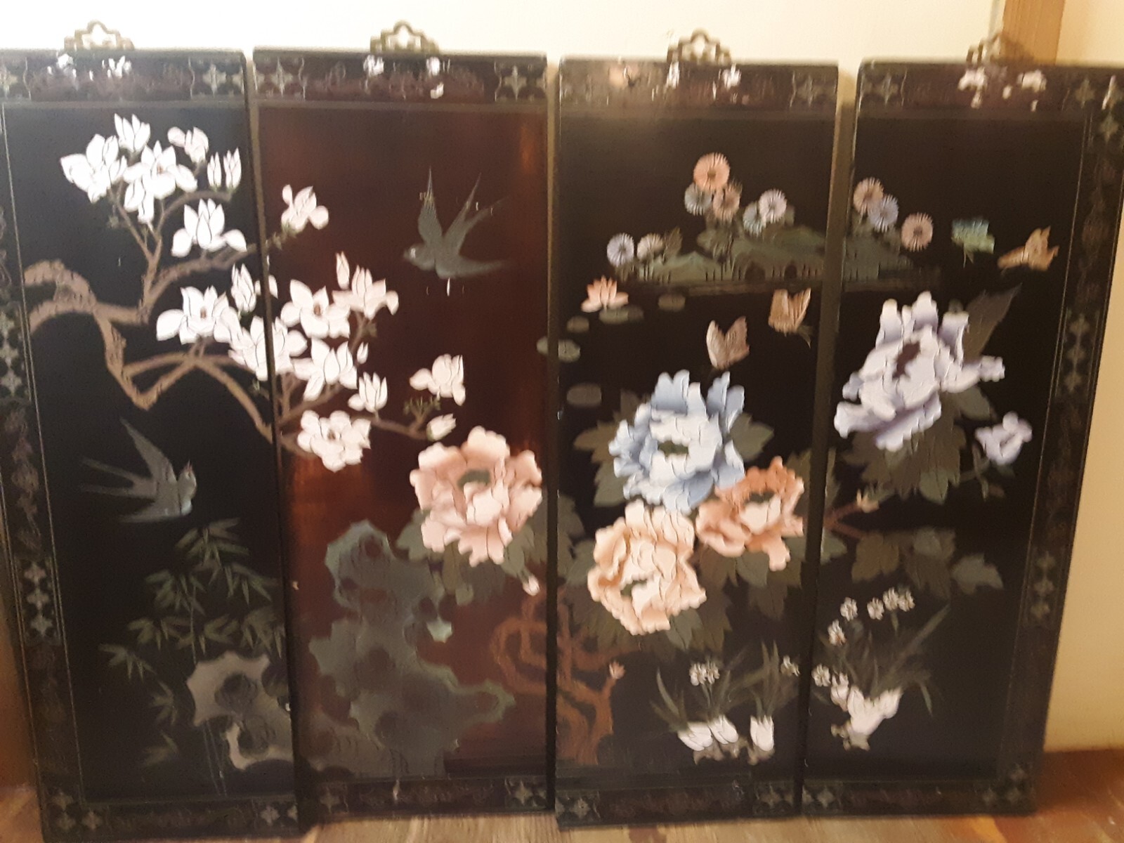 Vintage Black Lacquer Chinese Wall Decor- Large- Set 4-Birds, Flowers
