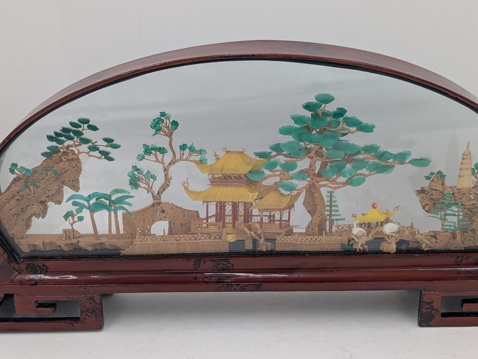 Vintage Oval Chinese/Asian Cork Art Hand Made Lacquered Wood With Glass 14x7x2